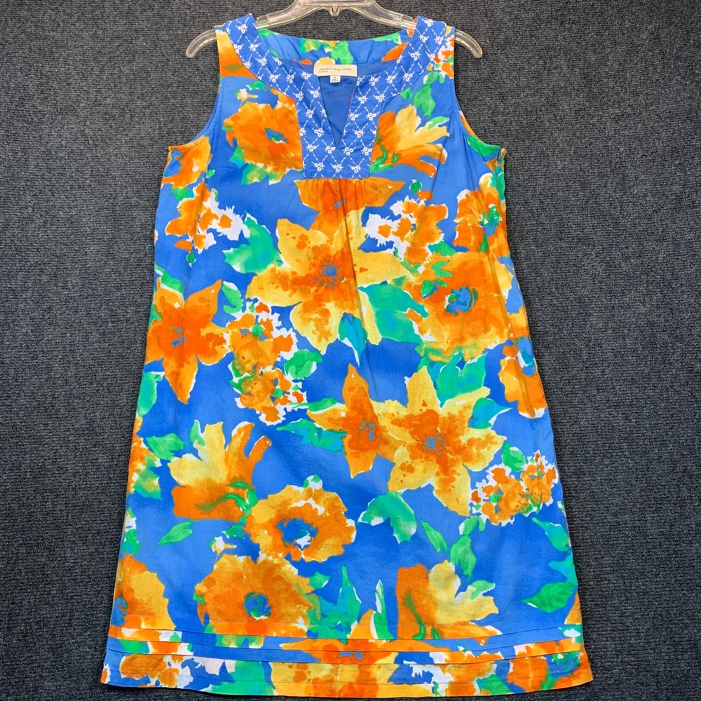 Jones New York Shift Dress 6 Blue Orange Floral Cotton Tropical 60s Sleeveless